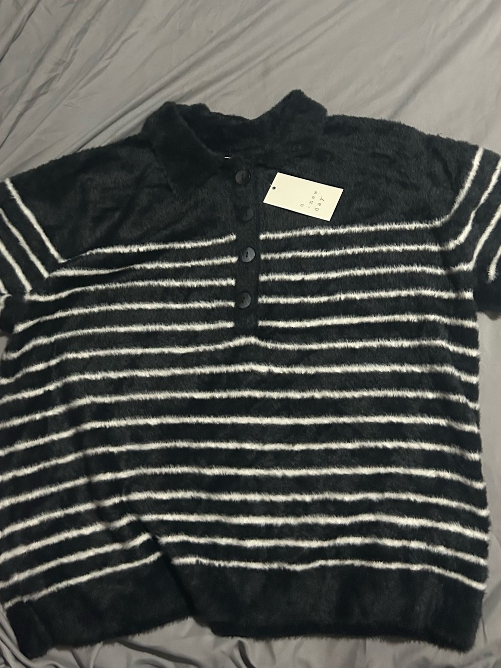 a new day fuzzy Black and White Striped Short Sleeve Polo Tee